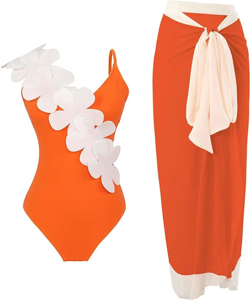 Women One Piece Swimsuit Vintage Floral Bathing Suits with Cover up Wrap Skirts Sarongs 2 Piece M... | Amazon (US)
