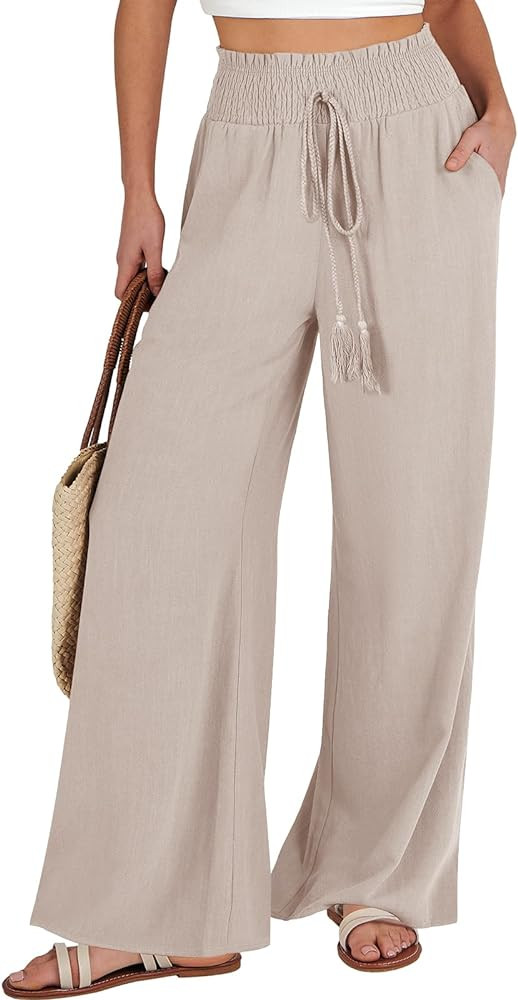 ANRABESS Women's Linen Pants Summer Casual Palazzo Beach Pant Drawstring High Waist Wide Leg Trou... | Amazon (US)