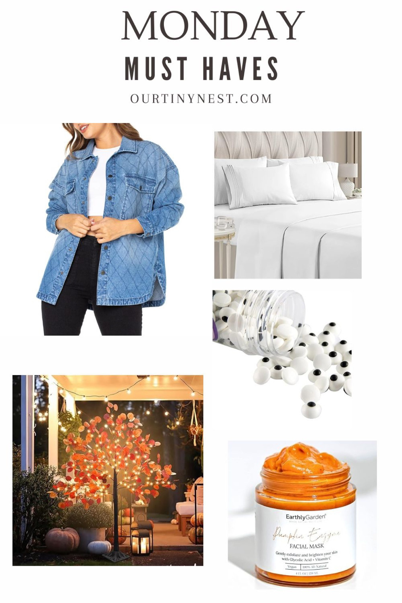 Monday must haves on Amazon. Denim shacket, hotel sheets, fall faux tree, pumpkin face mask and Halloween treats 

#LTKhome #LTKfindsunder100 #LTKSeasonal
