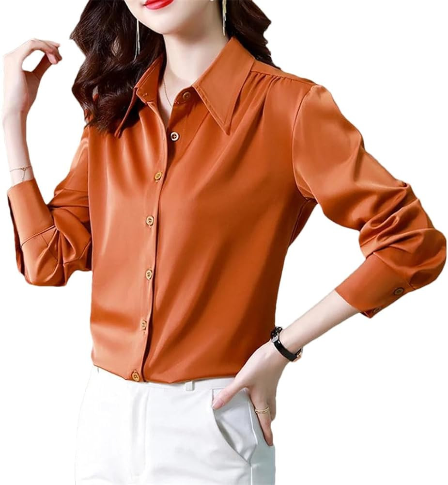 Women's Lapel Single Breasted Satin Long Sleeve Silk Orange Shirt Top | Amazon (US)