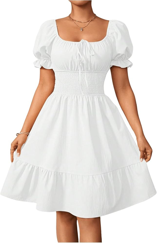 Floerns Women's Short Puff Sleeve Tie Front Milkmaid Dress Ruffle Hem A Line Dress | Amazon (US)