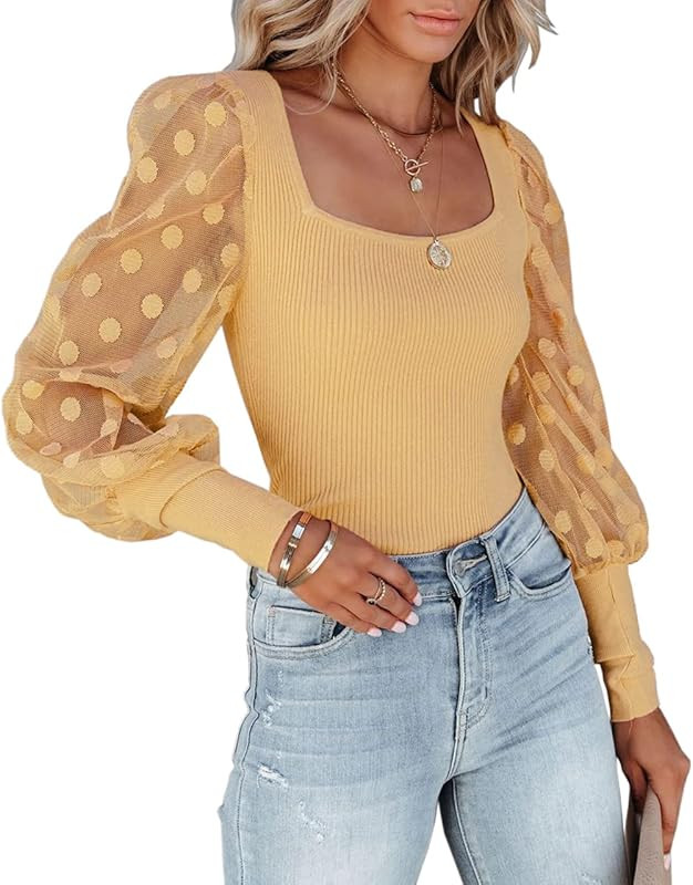 miduo Womens Tops Square Neck Polka Dot Balloon Long Sleeve Top Shirts Slim Knit Ribbed Tops Blou... | Amazon (US)