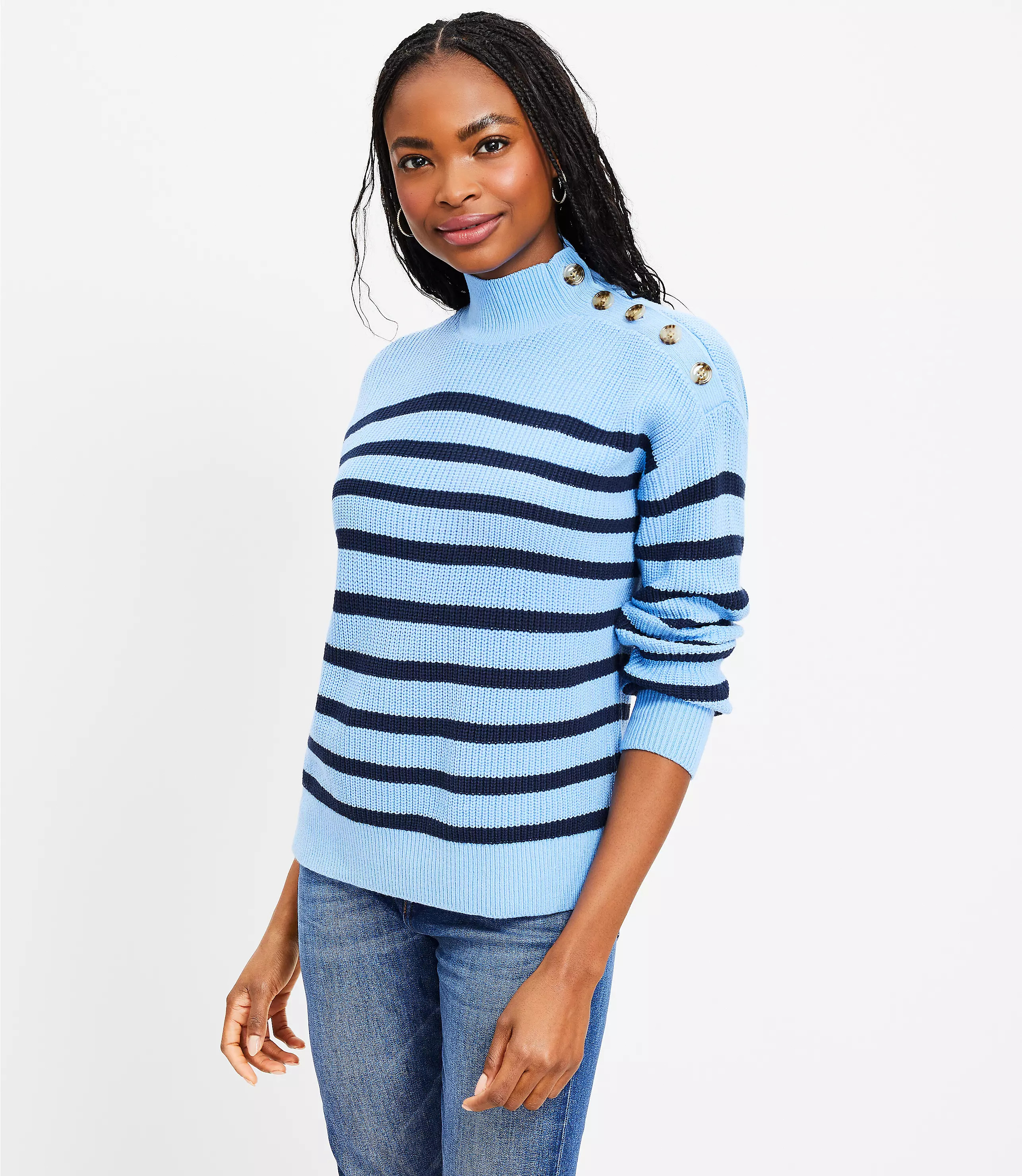 Stripe Ribbed Shoulder Snap Mock Neck Sweater | LOFT
