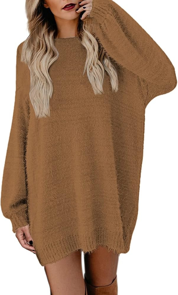 Meenew Women's Furry Pullover Sweater Dress Loose Oversized Long Knitted Tops | Amazon (US)