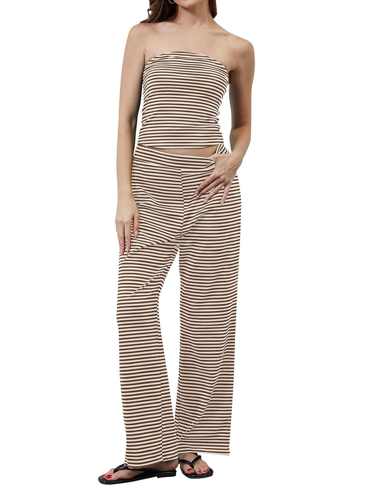 MISSACTIVER Women Two Piece Sets Striped Matching Outfits Strapless Crop Tube Top and Elastic Wai... | Amazon (US)