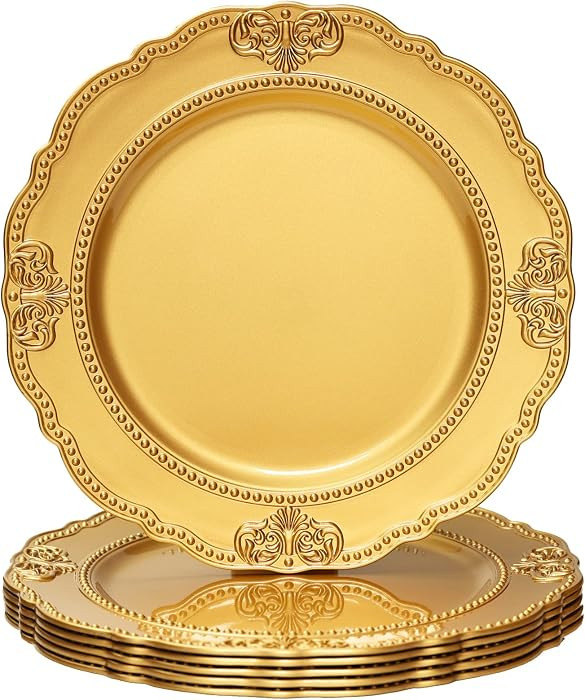 Spsyrine Gold Charger Plates, Set of 6 Scalloped Chargers for Dinner Plates, 13" Embossed Plastic... | Amazon (US)