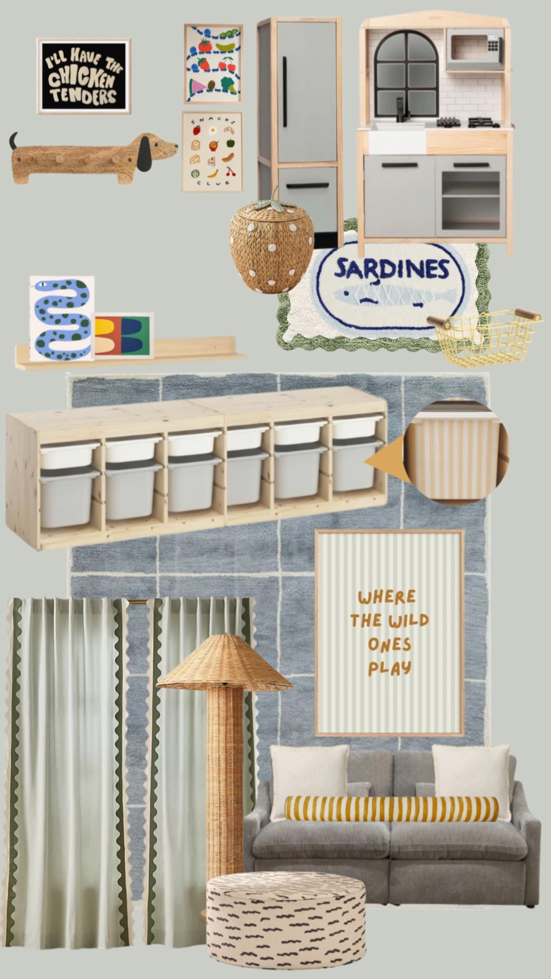 Elevated playroom refresh ✨ Helping a follower refine her playroom moodboard while keeping the fun, playful vibe intact. We grounded the space with Sea Salt by Sherwin-Williams, added a blue grid rug for structure, styled the play kitchen with food-themed art + toy storage ideas, elevated the IKEA Trofast organization with shelf styling and decals, and finished the lounge area with layered pillows, statement art, a woven floor lamp, and scalloped curtains for personality.
Save this for playroom inspo if you’re designing a kids playroom, nursery, or toddler space that feels stylish but still kid-friendly 🤍

kids playroom ideas, playroom decor ideas, modern playroom design, small playroom layout, playroom organization ideas, IKEA Trofast storage hack, Trofast bin decals, toy storage solutions for kids, kids room organization ideas, toddler playroom setup, play kitchen decor ideas, pretend kitchen accessories kids, food themed kids room art, peg rail kids room, layered rugs in playroom, washable rugs for kids room, blue patterned rug kids room, scalloped curtains kids room, nursery and playroom combo, elevated kids room decor, gender neutral playroom ideas


#LTKHome #LTKBaby #LTKKids