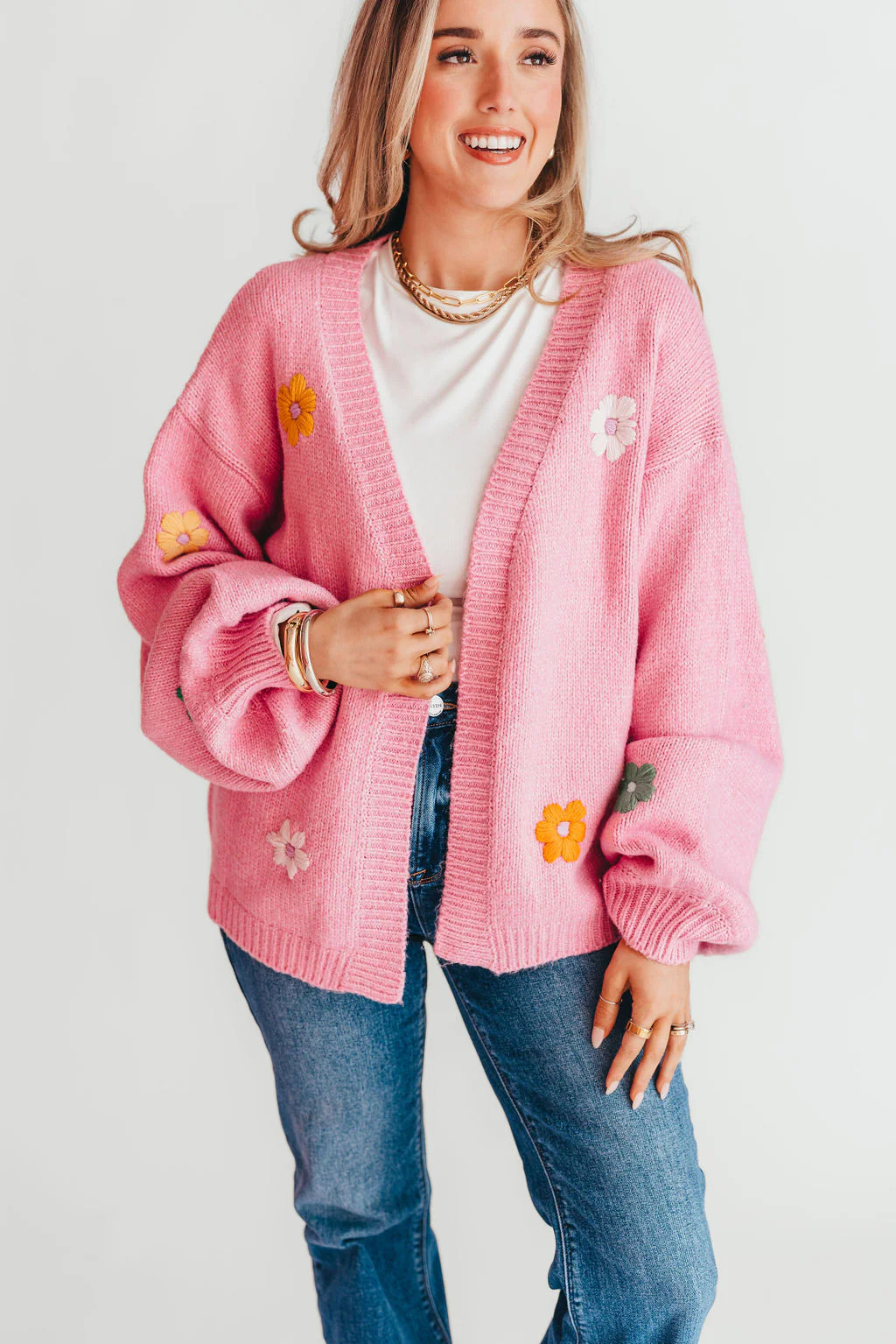 Flower Embroidered Knit Cardigan | Pink | Talulah