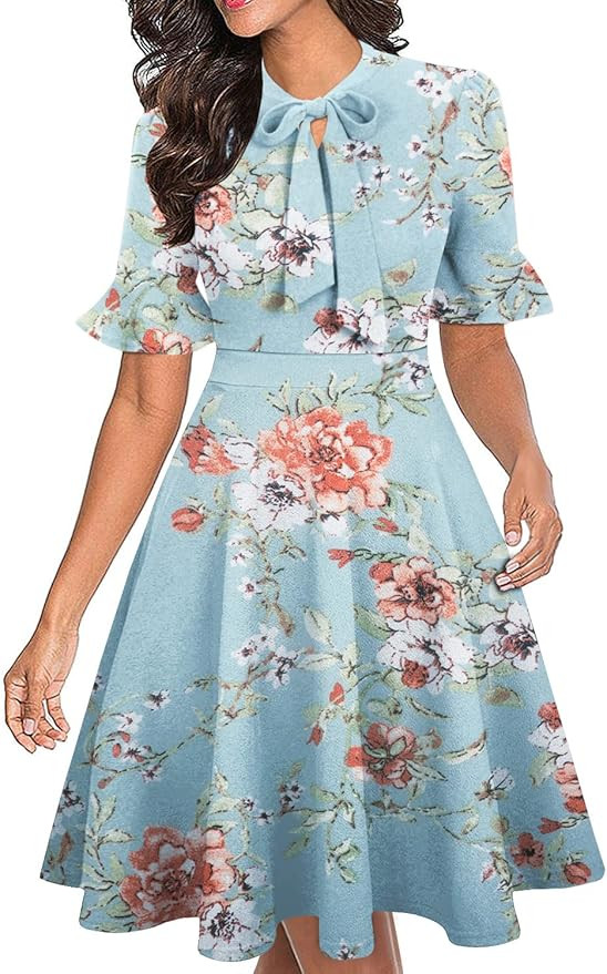 Women Summer Floral Ruffle Sleeve Wear to Work Church Wedding Guest Party Dresses | Amazon (US)
