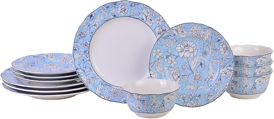 222 Fifth Cleremont 12-Piece Light Blue Porcelain Dinnerware Set – Service for 4, Includes Dinn... | Amazon (US)