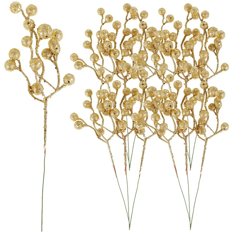 Gpoty 12 Pack Christmas Glitter Berries Stems, 12 Inch Artificial Berry Twig Stem Gold Berry Pick... | Walmart (US)
