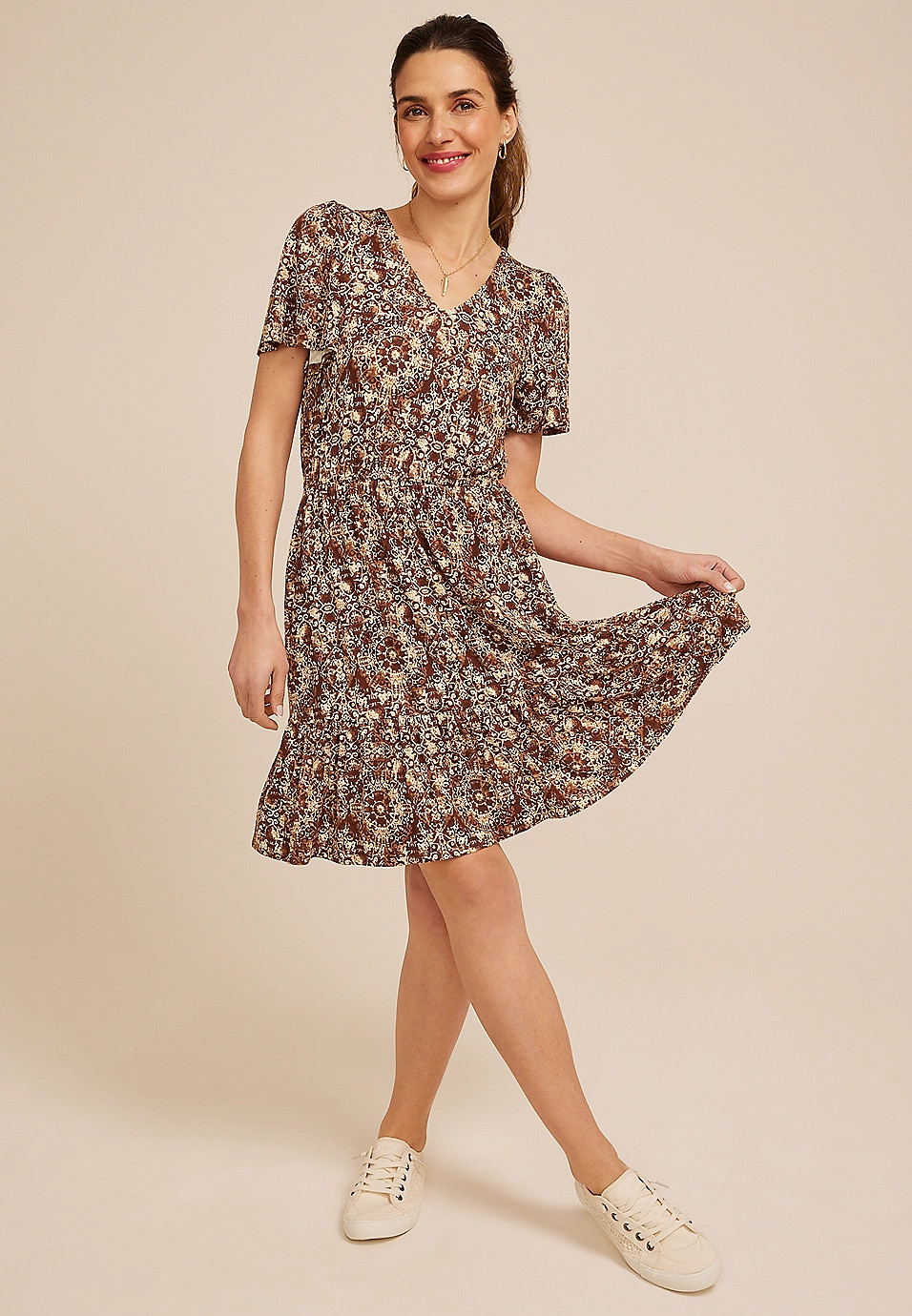 24/7 Printed V Neck Tiered Mini Dress | Maurices