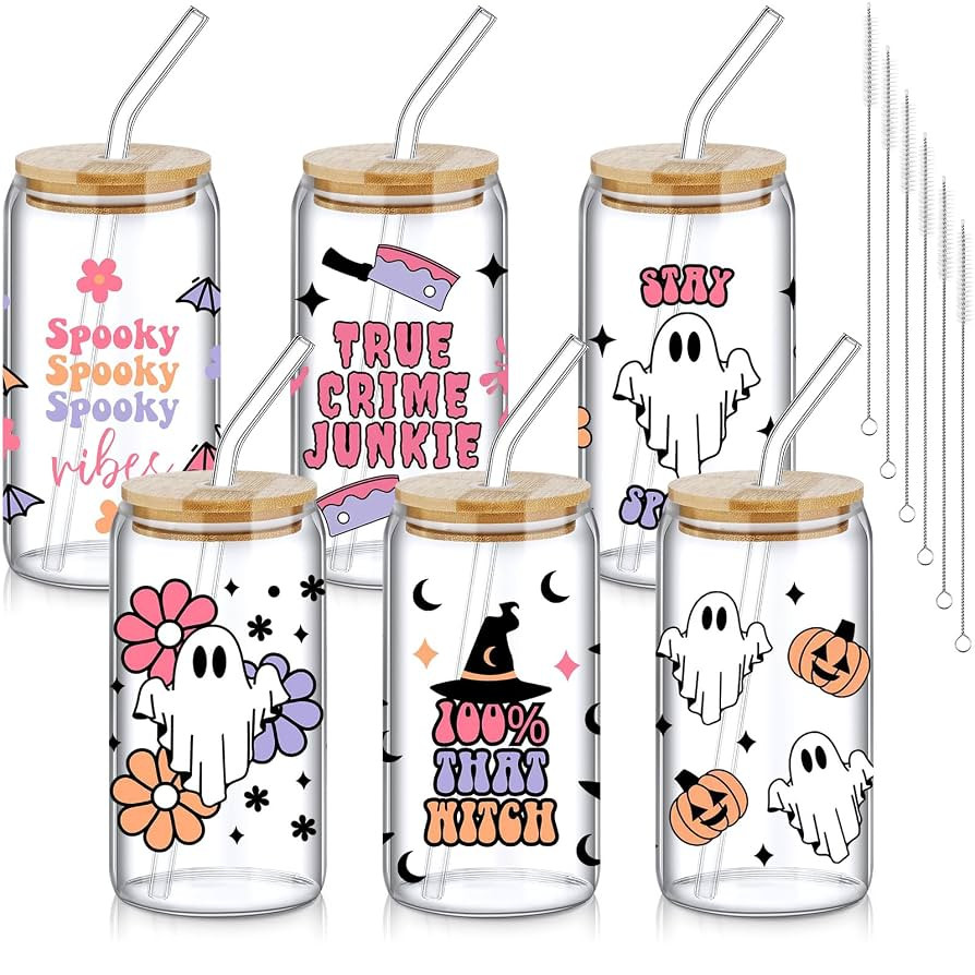 6 Pcs Halloween Drinking Party Glasses 16 oz Ghost Glass Cup with Bamboo Lid and Glass Straw Can ... | Amazon (US)