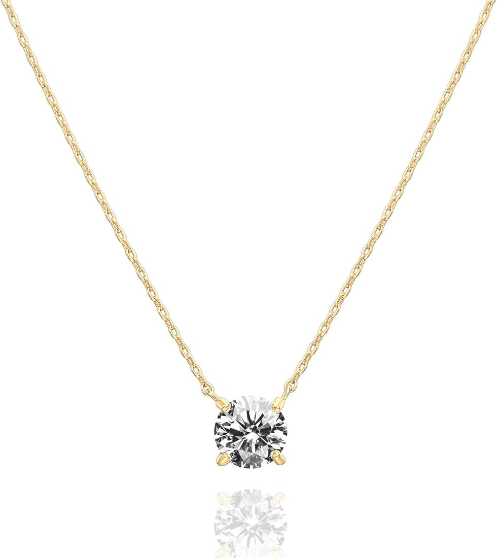 PAVOI 14K Gold Plated Crystal Solitaire 1.5 Carat (7.3mm) CZ Dainty Choker Necklace | Gold Neckla... | Amazon (US)