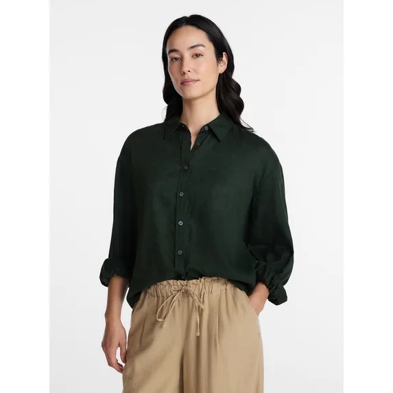 Time and Tru Women's Linen Blend Button Front Cropped Top with Long Sleeves, Sizes XS-XXXL | Walmart (US)