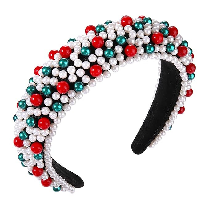 Crystal Headbands for Women, Christmas Padded Pearl Headband Xmas Bejewelled Rhinestone Pearl Bri... | Amazon (US)