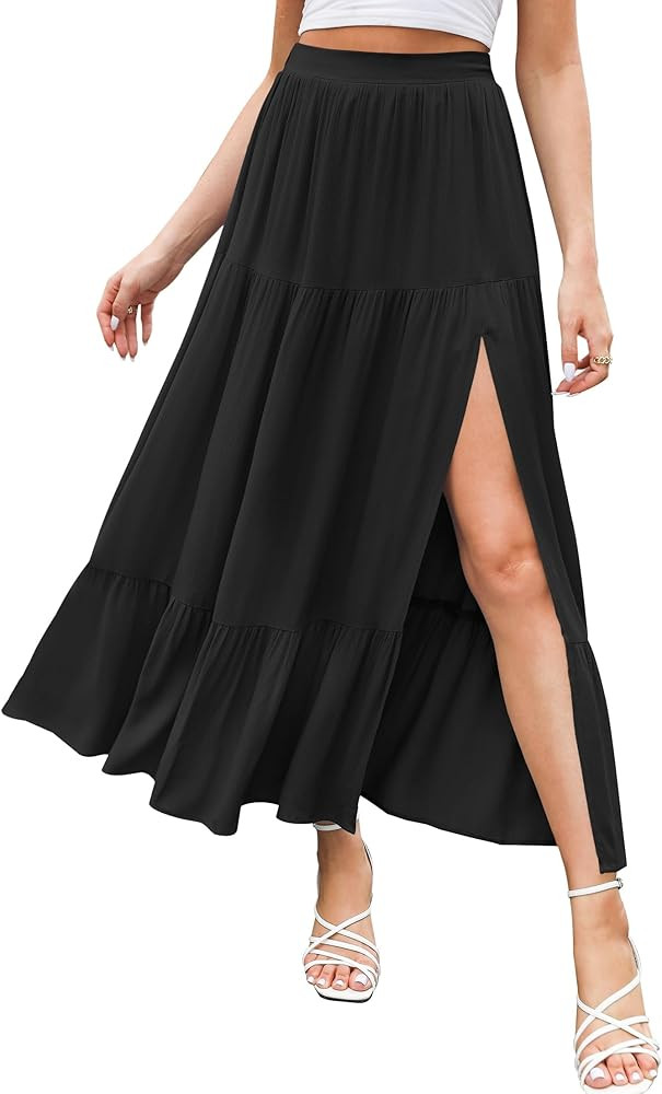HAEOF Women's 2025 Summer Boho Flowy Maxi Skirt Trendy Slit Elastic High Waist A Line Beach Long ... | Amazon (US)