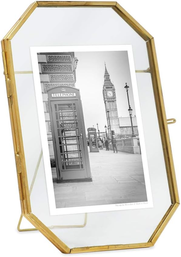 Isaac Jacobs 4x6 Vintage Style Octagon Brass & Glass, Metal Floating Picture Frame with Locket Cl... | Amazon (US)