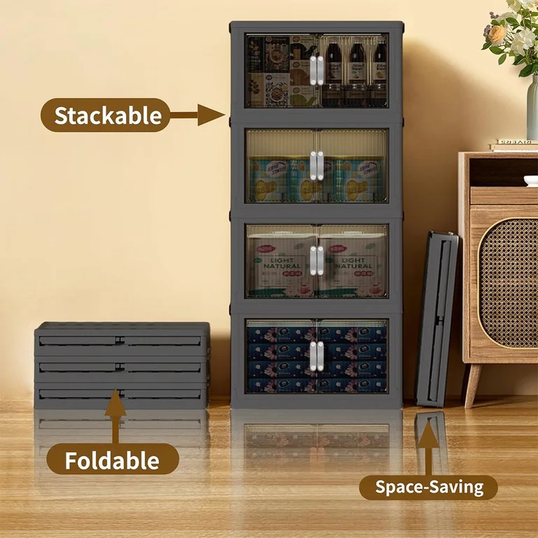 81QT 4 Tier Stackable Storage Bins with Magnetic Front Door & Top Lid, Collapsible Plastic Foldab... | Walmart (US)