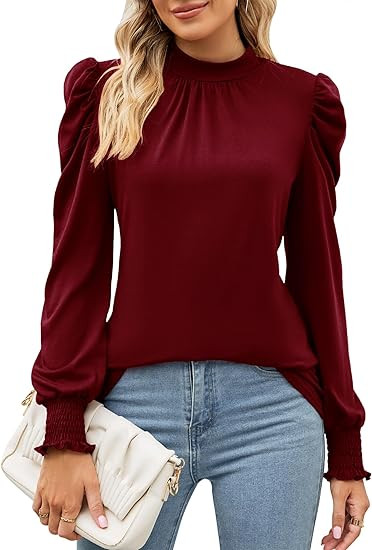 LUYAA Womens Tops Dressy Casual Frill Mock Neck Smocked Cuffs T Shirts Long Puff Sleeve Blouses | Amazon (US)