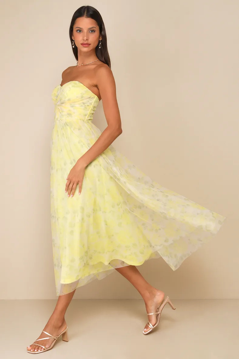 Perfect Whimsy Yellow Floral Mesh Strapless Midi Dress | Lulus