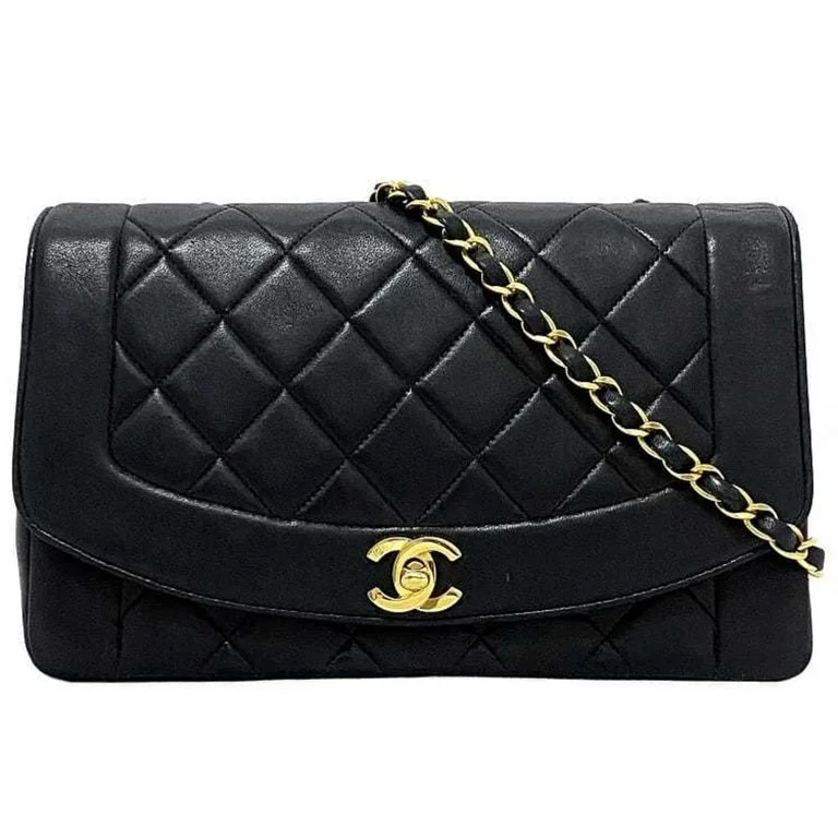 Pre-Owned Chanel Chain Shoulder Bag Black Gold Diana A01165 Matrasse 25cm Lambskin CHANEL Single ... | Walmart (US)