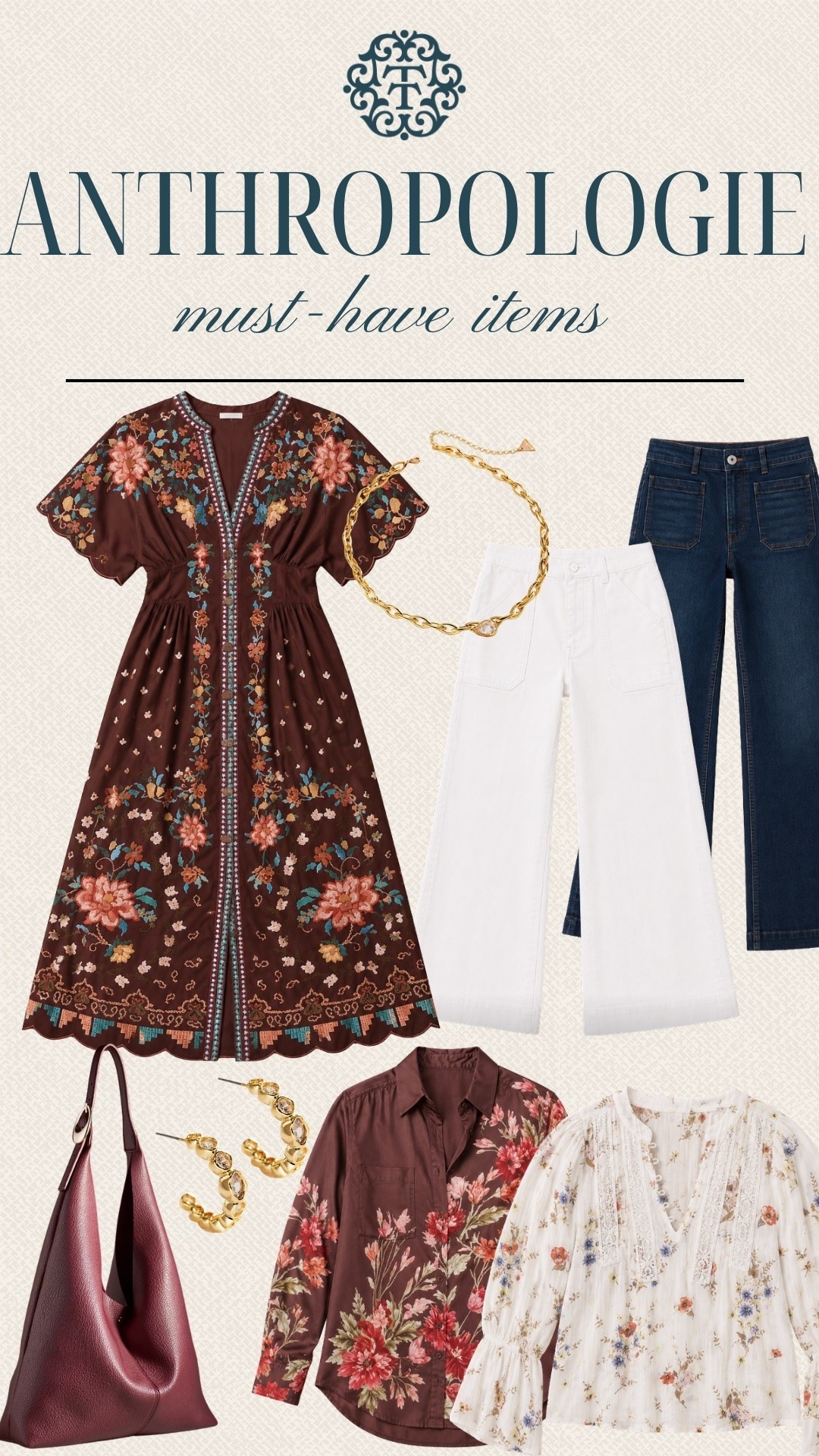 Anthropologie fall must-haves with rich brown tones, floral prints, white denim, and pretty gold details. We’re loving the mix of printed dresses, floral blouses, wide-leg pants, and that deep burgundy bag for the season. These pieces are perfect for adding a little color and print to your fall wardrobe.

#LTKSeasonal #LTKOver40 #LTKMidsize