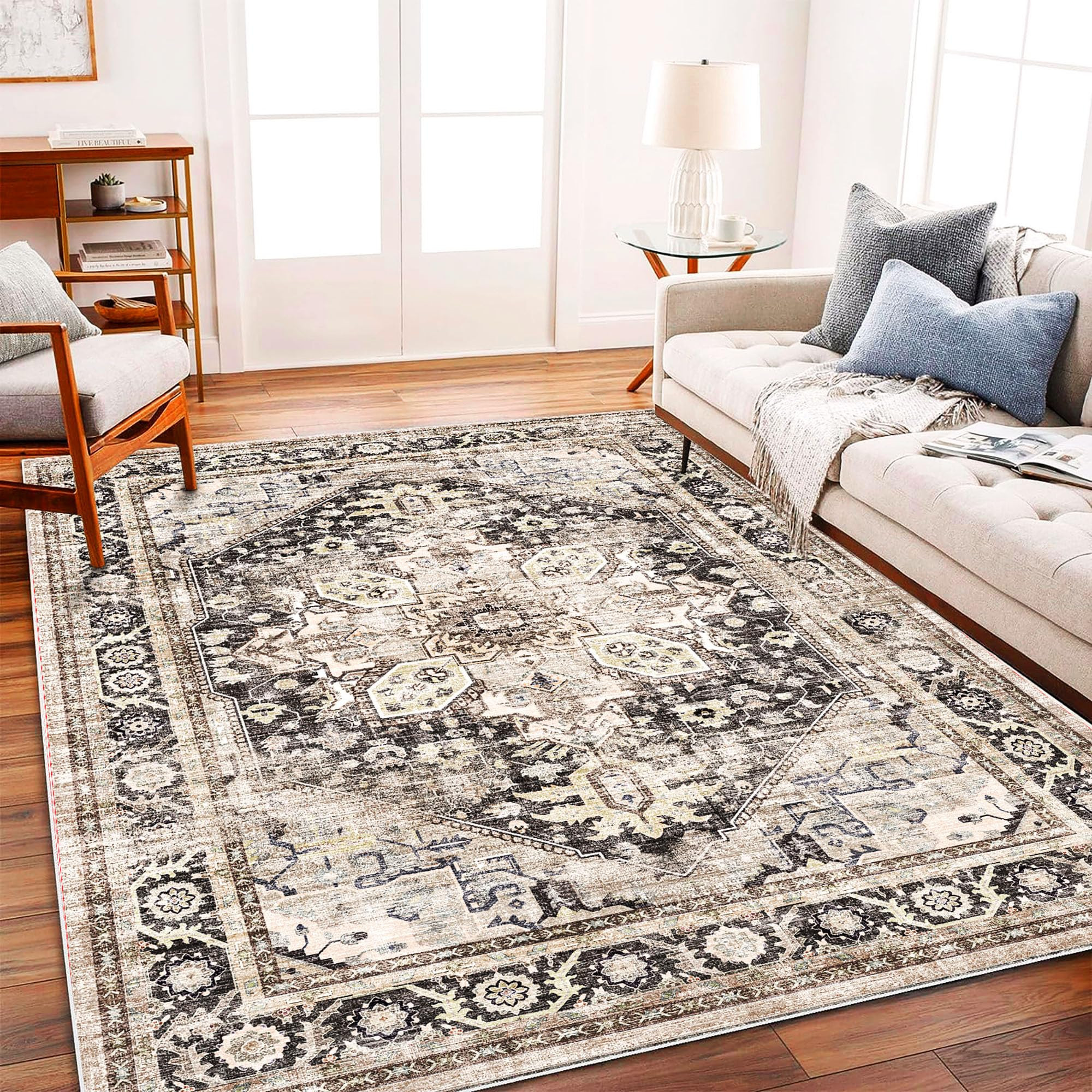 Area Rug 6'x9' Black-Purple Khaki Washable Vintage Traditional Floor Cover Thin Retro Kitchen Ind... | Amazon (US)