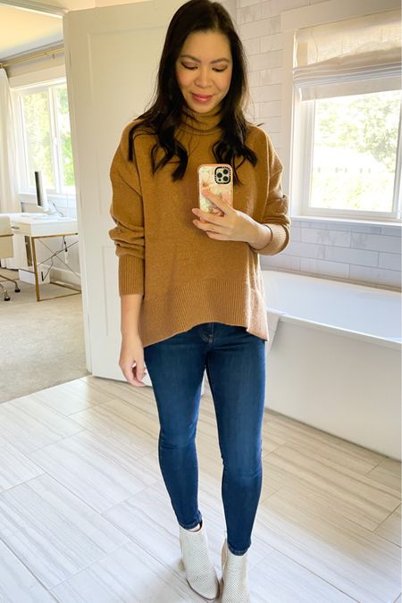 Women’s French connection Vhari Turtleneck Sweater( wearing small) with Everlane skinny jeans (wearing 27 true to size). On sale as a part of Nordstrom Anniversary Sale! 

#LTKstyletip #LTKxNSale #LTKsalealert
