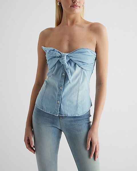 Denim Bow Button Up Tube Top | Express