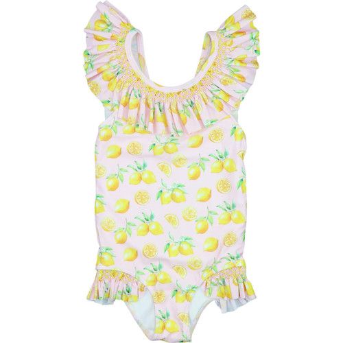 Pink And Yellow Smocked Lycra Swimsuit | Cecil and Lou