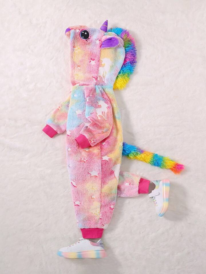 SHEIN Kids CHARMNG Young Girl Cartoon Embroidery 3D Ears Design Hooded Flannel Jumpsuit | SHEIN