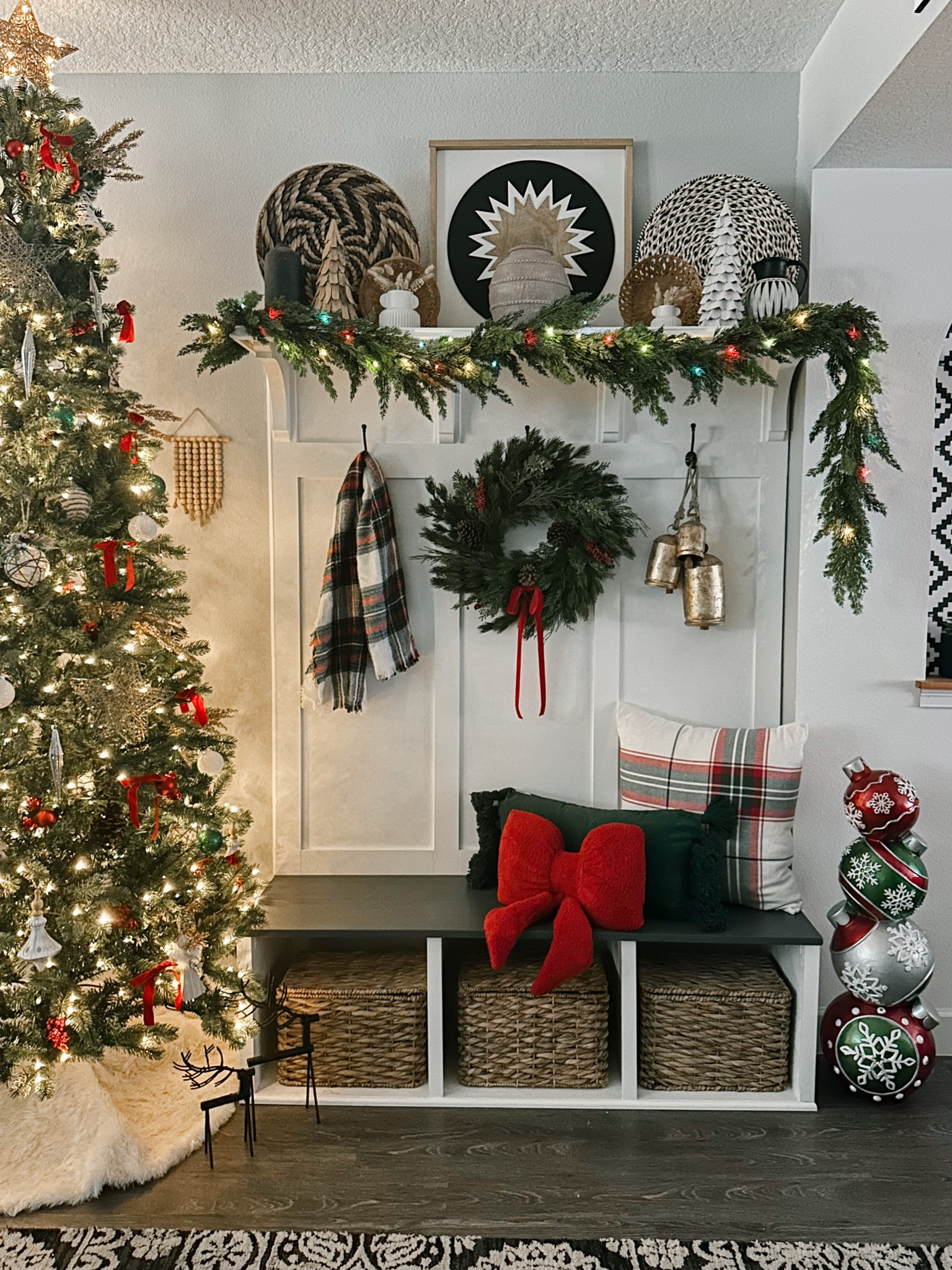 Christmas classic red and green with some plaid and my fave is red bows I love the red velvet ribbon with classic bows and long tails. Found the perfect pillow and it’s only 5.55 check out my fave here thank you xoxo ✌🏻❤️✨🎀 #christmas #redbowpillow #redbow #christmadpillow #christmastree #christmadplaid #christmaddecorideas #chrismtasdecorinspiration  classic red and green decor, real touch faux cedar garland, tall green faux Christmas tree with white and colored lights 

#LTKSeasonal #LTKHoliday #LTKHome