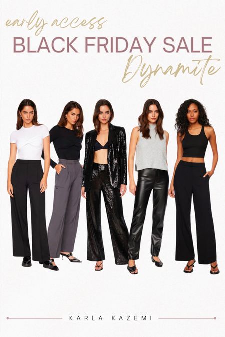 Early Access Black Friday Sale at Dynamite! Enjoy 30% off for all loyalty members beginning Tuesday November 21st and open to everyone November 22rd!🙌🙌🙌

Here are some of my fave picks for pants😍

Some basics trousers, both wide legs and straight leg. 
Faux leather pants are a cute staple in your closet, great with sweaters, blouses, blazers, you name it! 
Also added in fun sequins pants for the holiday season!💕

I love dynamite clothing! It fits nicely on my midsize body and is one of my fave places to shop for both basics and trendy pieces. The quality is really great and lasts✨

Dynamite goodies make for the perfect gift to yourself or the fashionista on your list 😘

#LTKGiftGuide #LTKCyberWeek #LTKfindsunder50