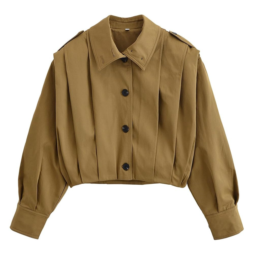 Women's Cropped Pleated Jacket Long Sleeve Collared Button Down Casual Short Trench Coat Spring F... | Amazon (US)
