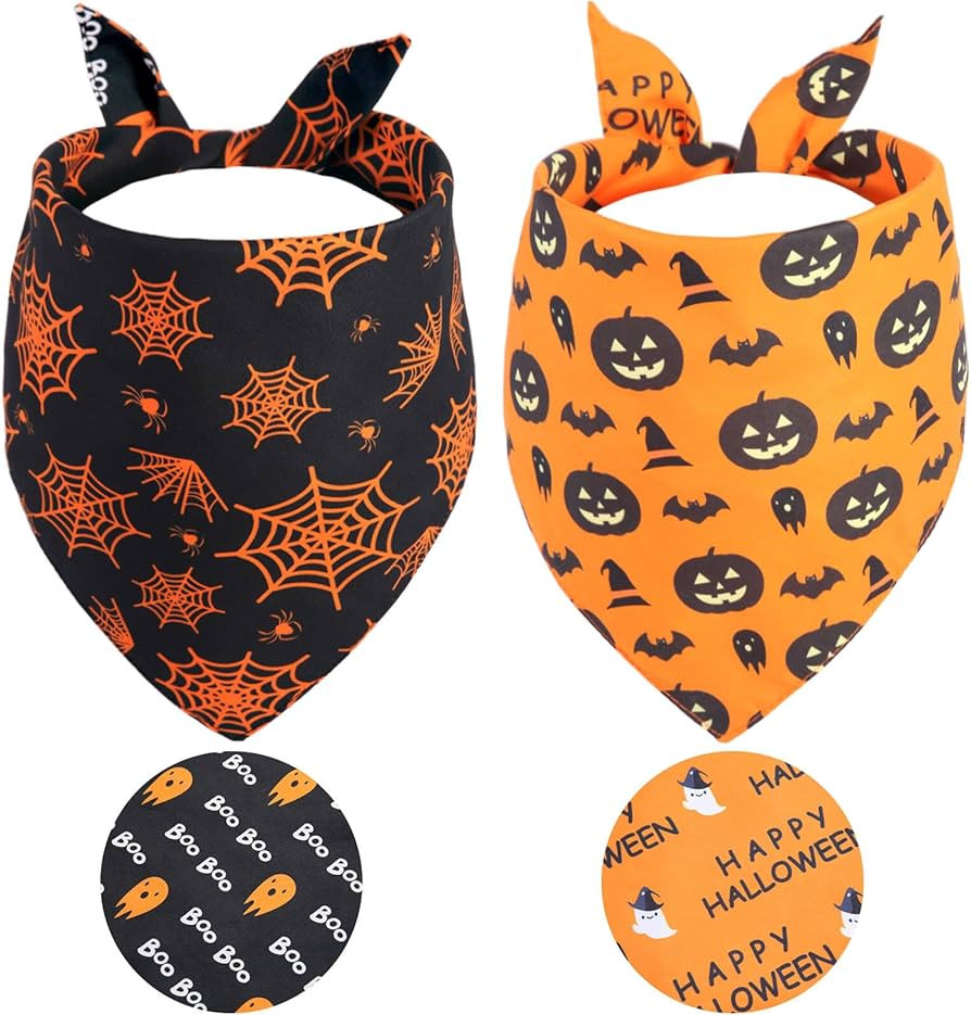 Halloween Dog Bandanas XLarge 2PCS, Reversible Triangle Dog Scarfs with Pumpkin, Spide, Bat, Ghos... | Amazon (US)