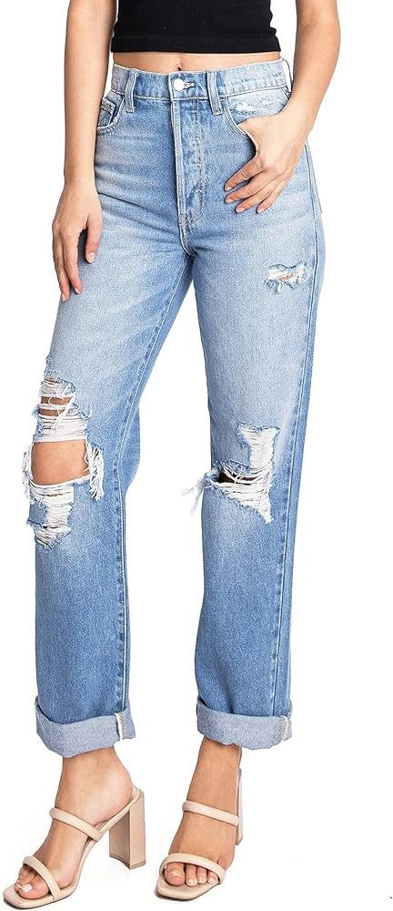 Cello Jeans Women's Juniors High Rise Straight Leg Denim Dad Jeans | Amazon (US)