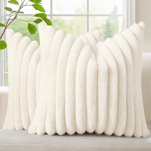 decorUhome Cozy Faux Fur Spring Throw Pillow Covers 18x18 Set of 2 Decorative Soft Plush Striped Modern Farmhouse Boho Couch Pillow Cases with Velvet Back for Sofa Bed Living Room, Cream White | Amazon (US)