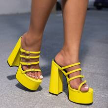 Womens Yellow Fashionable Rhinestone Square Buckle Waterproof Highheeled Sandals | SHEIN