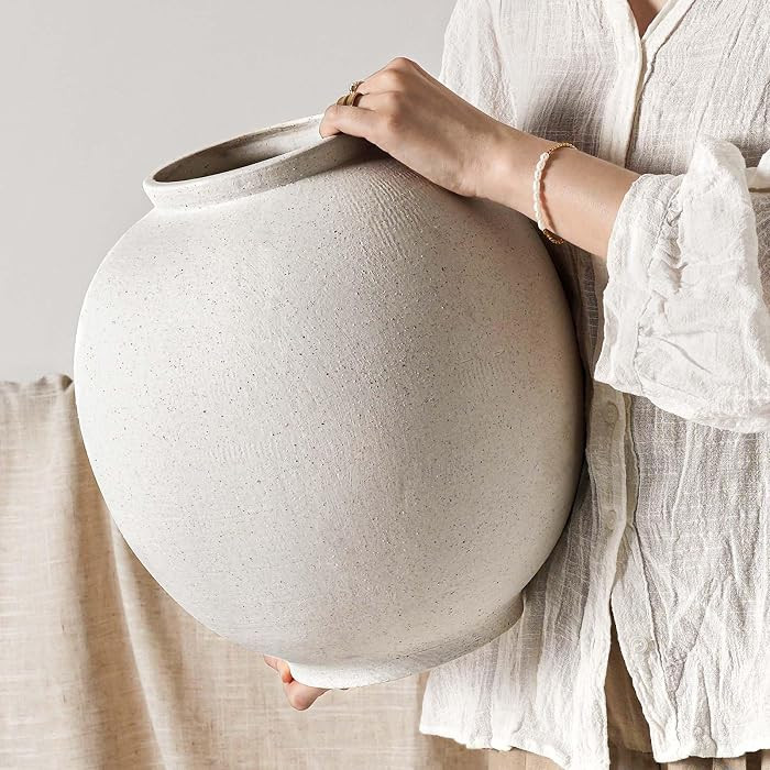 White Ceramic Vase - Large 13.5 Inch Round Floor Vase for Centerpieces, Farmhouse Flower Vases, R... | Amazon (US)