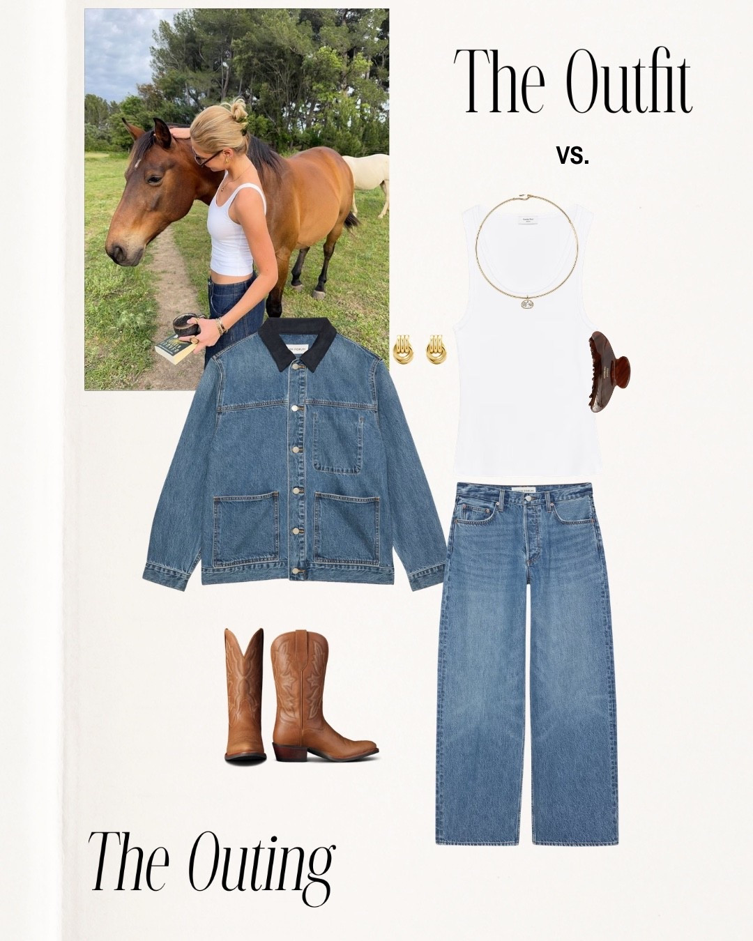 Outfit vs the inspo!! 🤎

Summer outfit inspo, Fort Worth, stockyards, Texas, Wyoming, denim, aritzia looks, cowboy boots, jewelry, claw clip, travel finds, horse, ranch, Nashville
