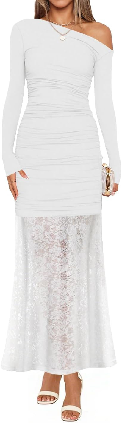 ZESICA Women's Long Sleeve Off Shoulder Bodycon Dresses Fall 2025 Ruched Lace Wedding Guest Cockt... | Amazon (US)