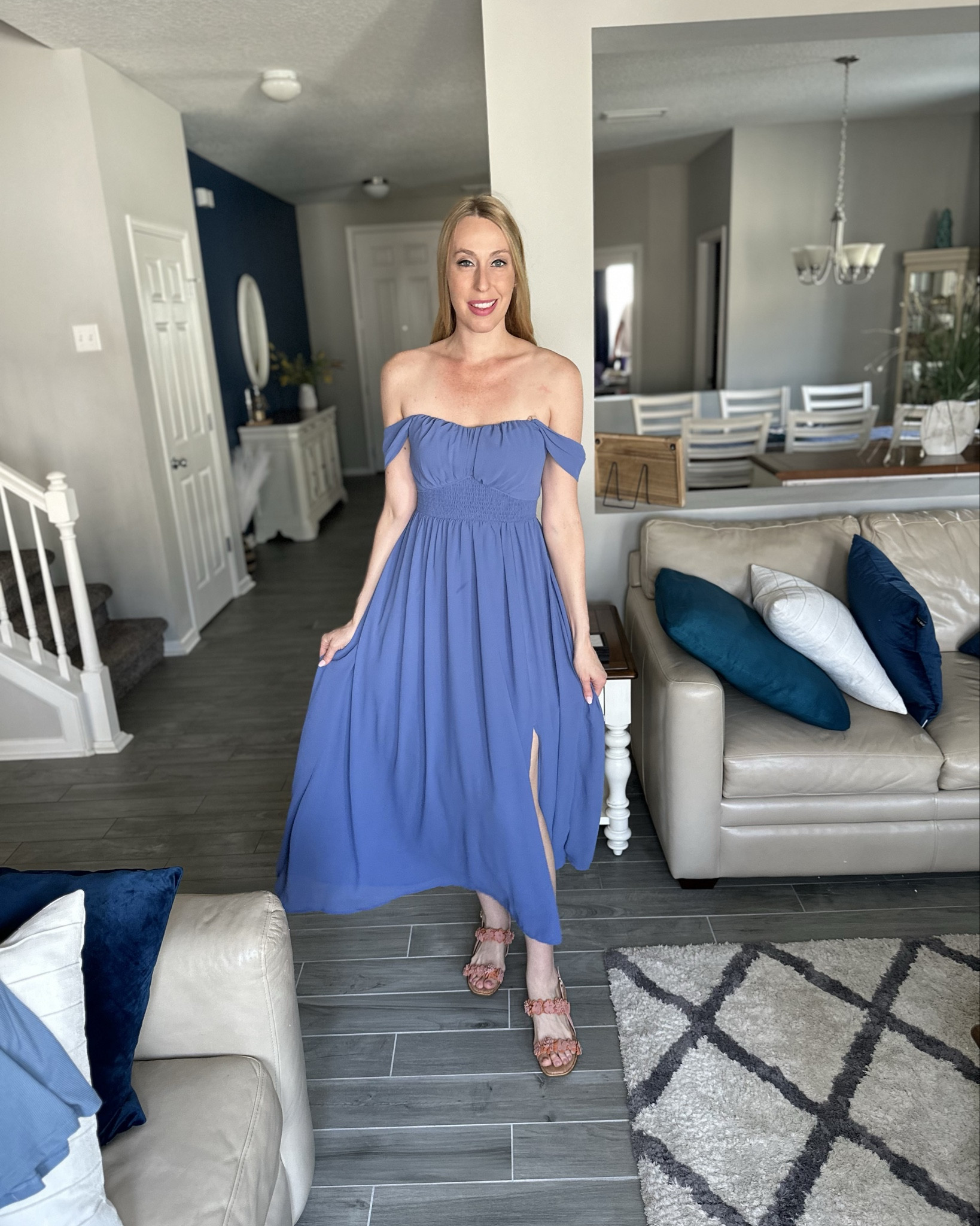 Beautiful blue wedding guest dress 
💙this dress fits nicely all the way around and I love the length
💙 it does fit true to size and the sleeves can be worn on or off the shoulder 
💙wearing small in it, I am 5’10”

#LTKStyleTip #LTKWedding #LTKFindsUnder100