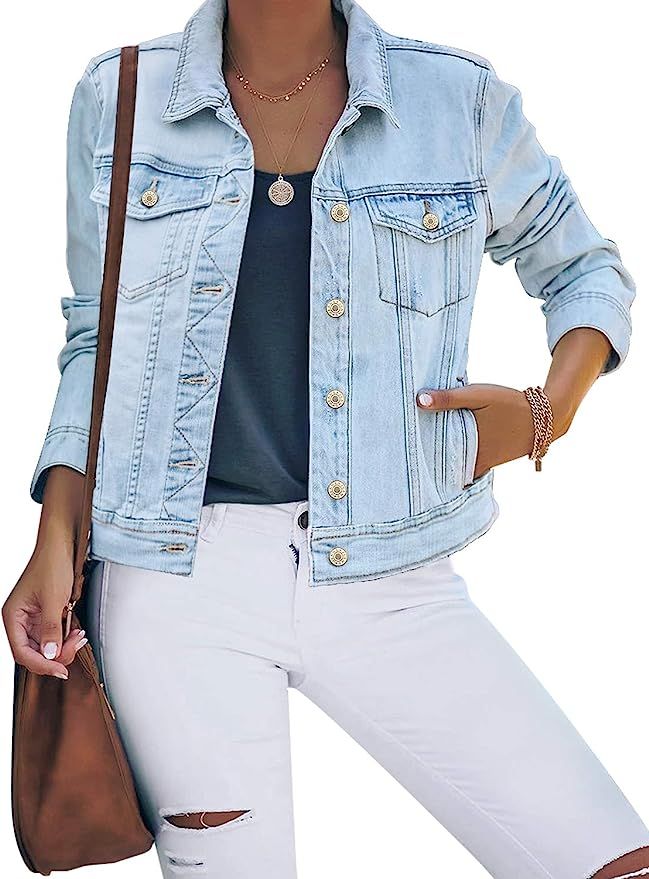 luvamia Women's Basic Button Down Stretch Fitted Long Sleeves Denim Jean Jacket | Amazon (US)