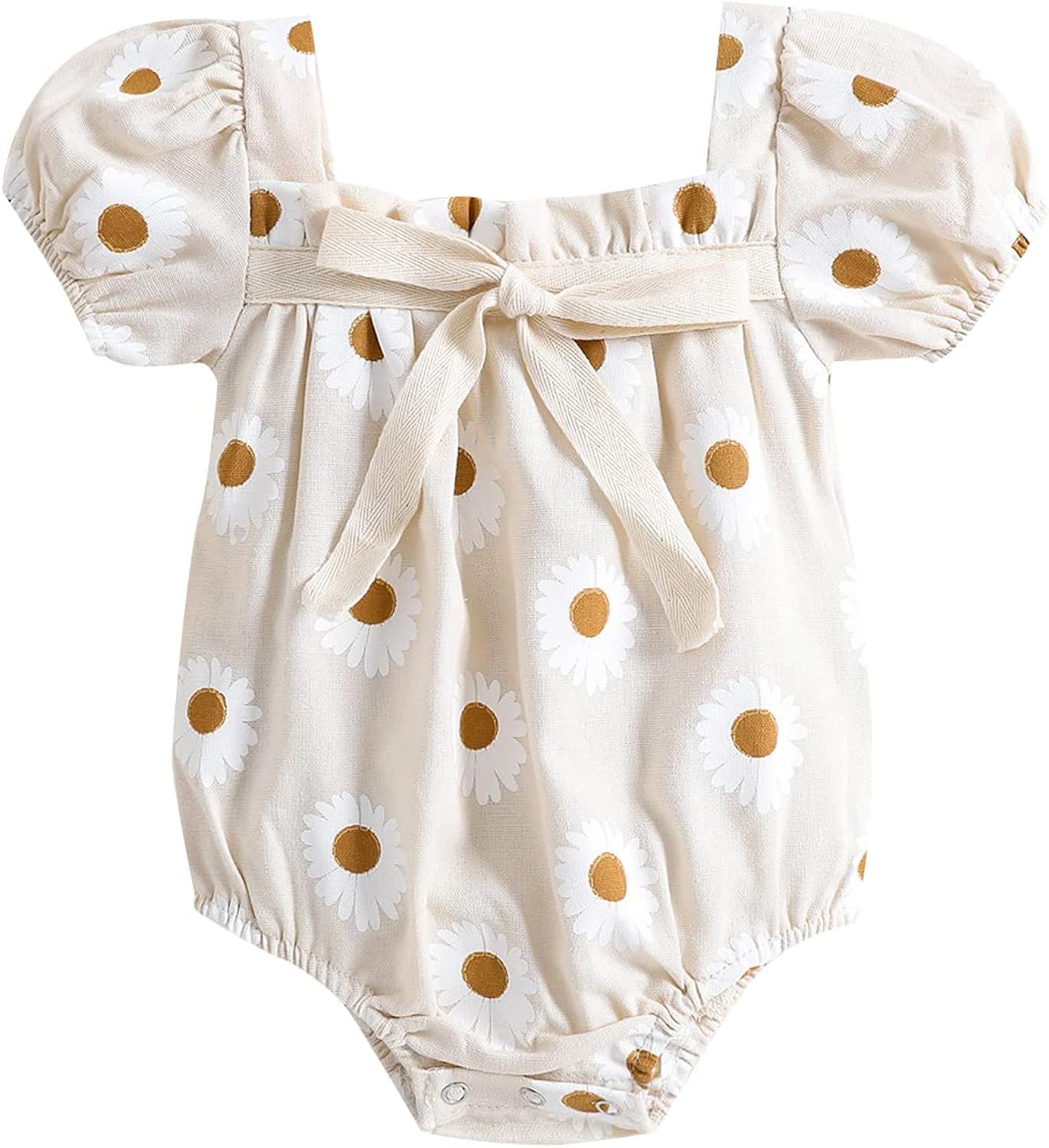Tsnbre Newborn Baby Girl Romper Daisy Print Short Sleeve Bodysuit Jumpsuit Summer Clothes | Amazon (US)