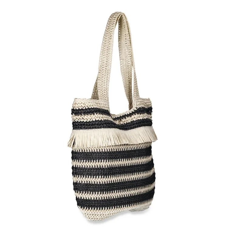 No Boundaries Women's Fringed Woven Straw Tote Bag, Natural/Black Stripe | Walmart (US)