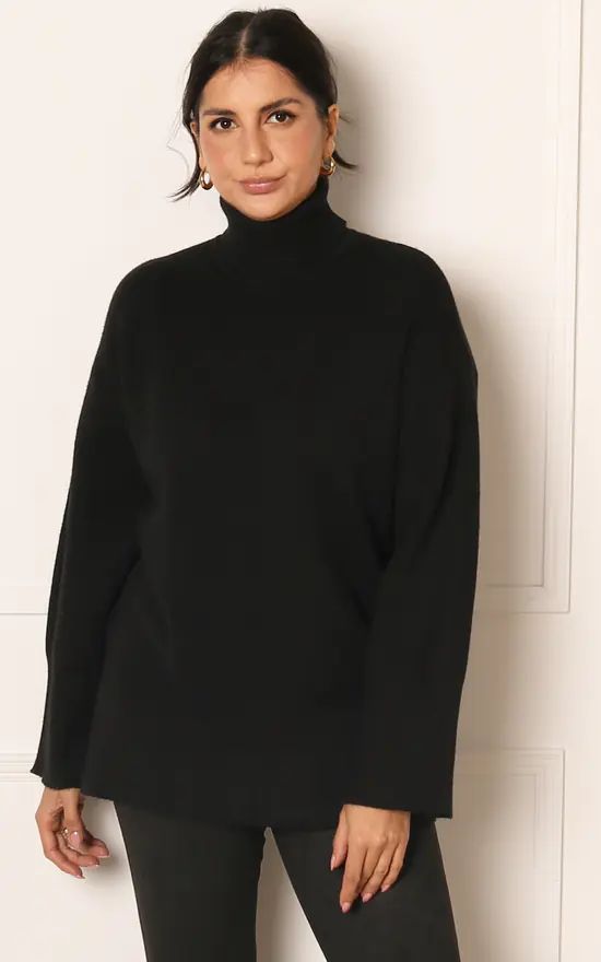 Soft Knit Rollneck Longline Jumper With Side Splits In Black | One Nation Clothing | SilkFred | SilkFred