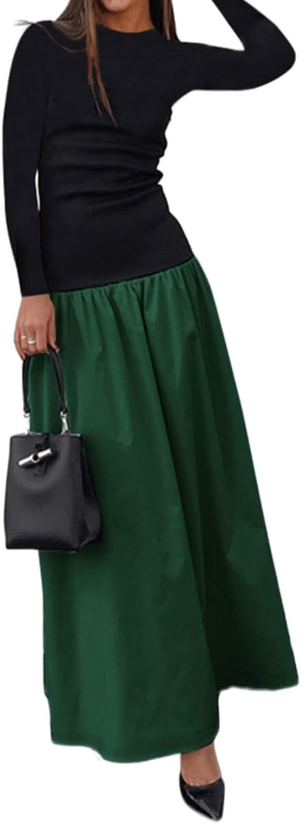 YOXUA Women's Long Sleeve Patchwork A-Line Long Maxi Dress Fall Winter Beach Maxi Dress | Amazon (US)