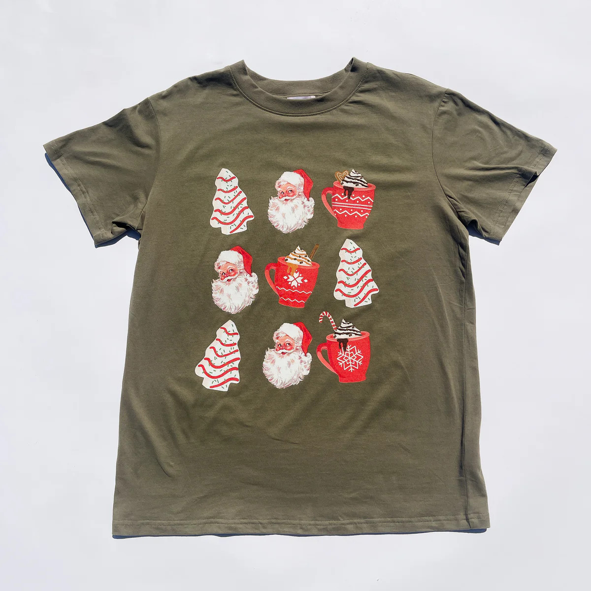 Santa Christmas Cakes Olive Oversized Graphic Tee | Pink Lily