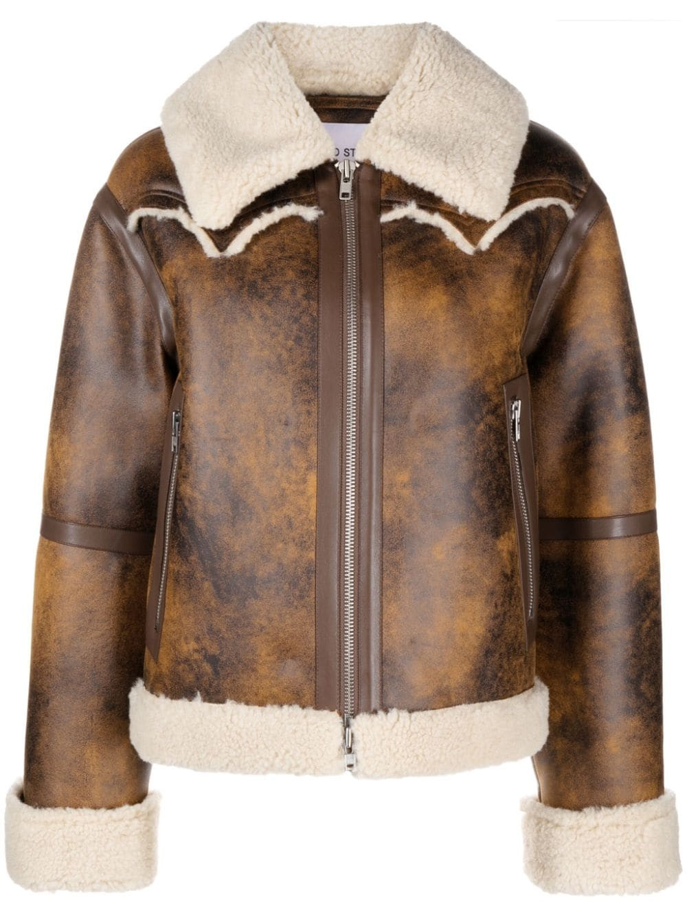 STAND STUDIO faux-shearling trim zip-up jacket - Brown | Farfetch Global
